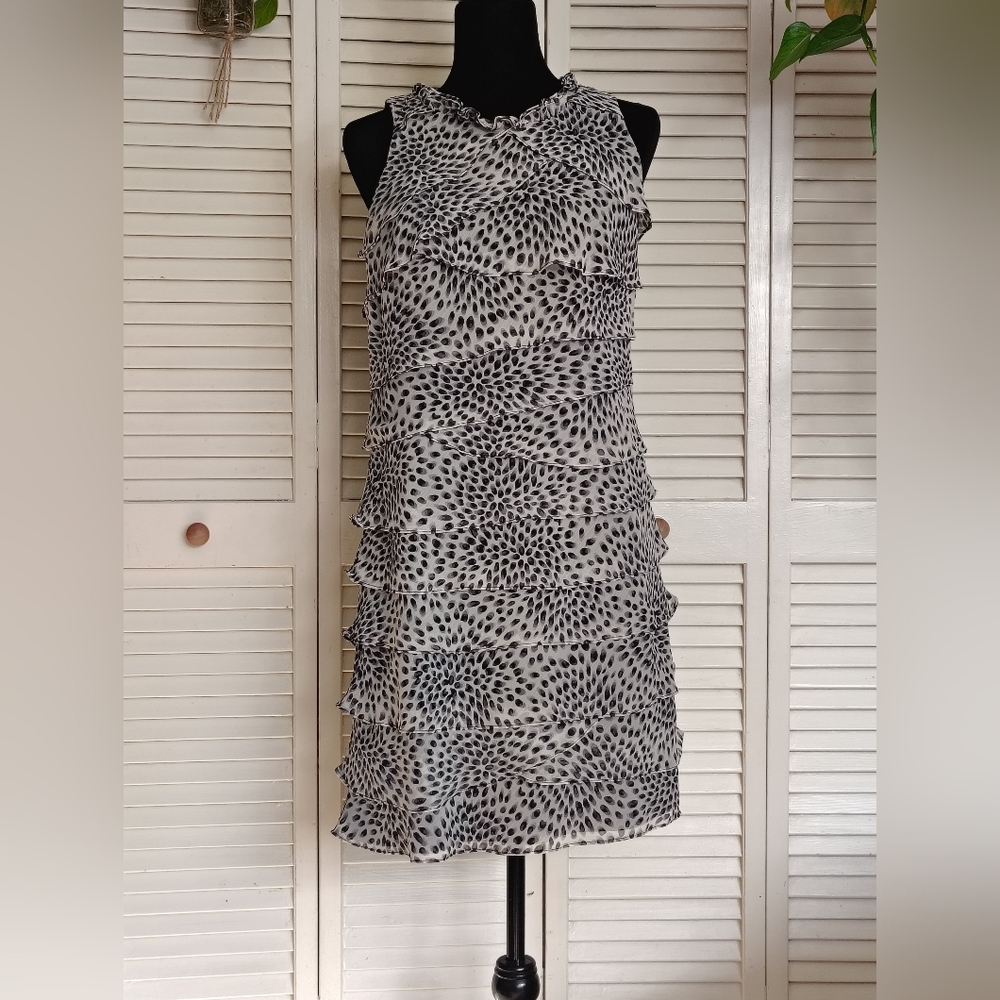 SL Fashions Black & White Animal Print Ruffle Mini Dress Size S – Like New